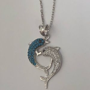 925 Silver dolphin necklace turquoise and clear cz stones